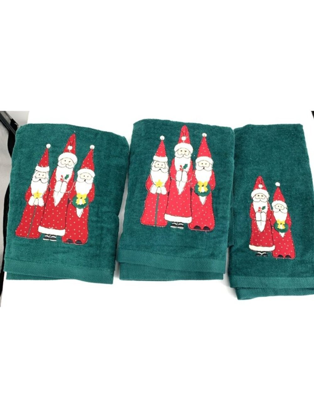 Royal Terry Santa Christmas Towel Set Green Applique 2 Bath 1 Hand Towel NWT Vtg